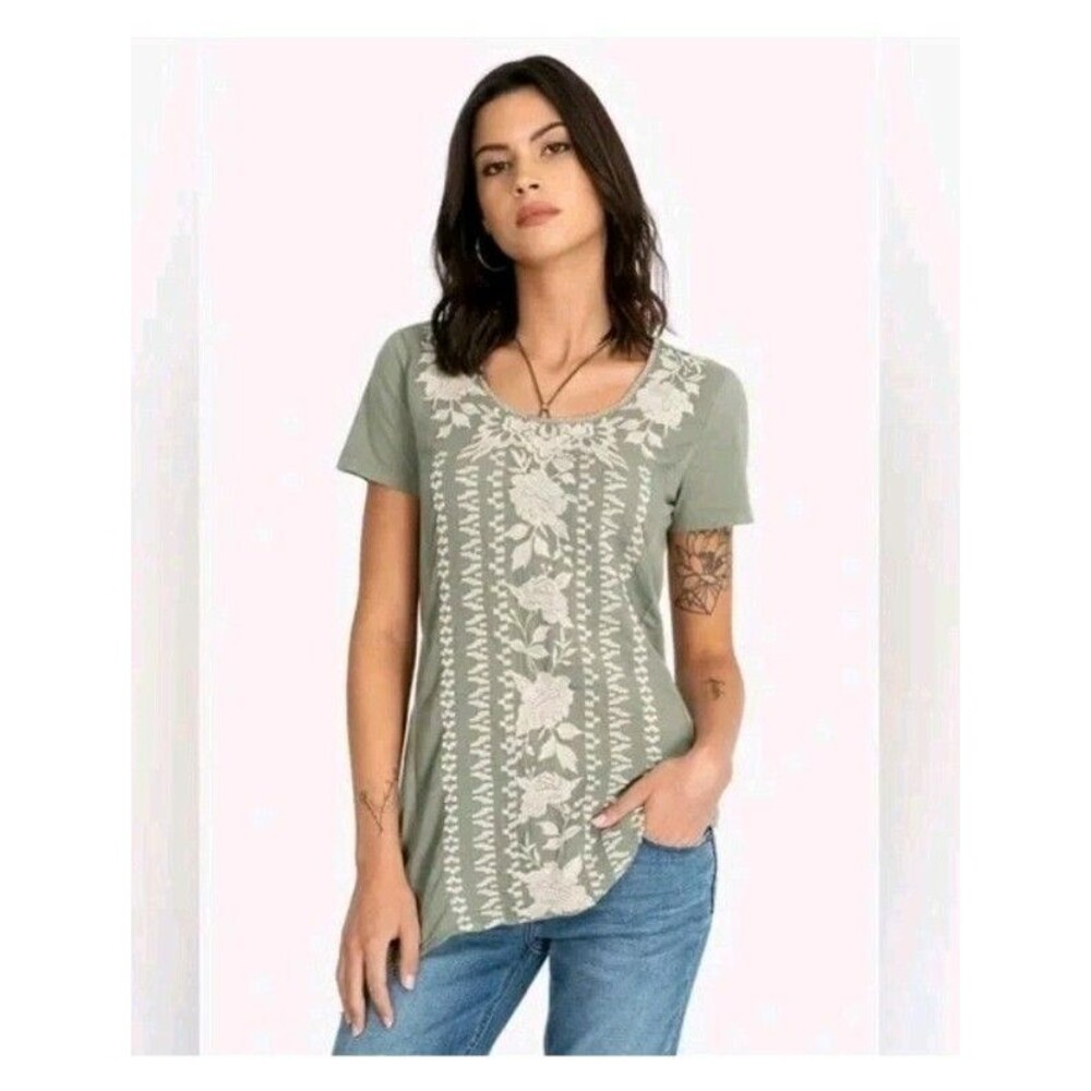 JOHNNY WAS Letty Olive Green Cap Sleeve Embroidered Asymmetric Tunic Blouse L
